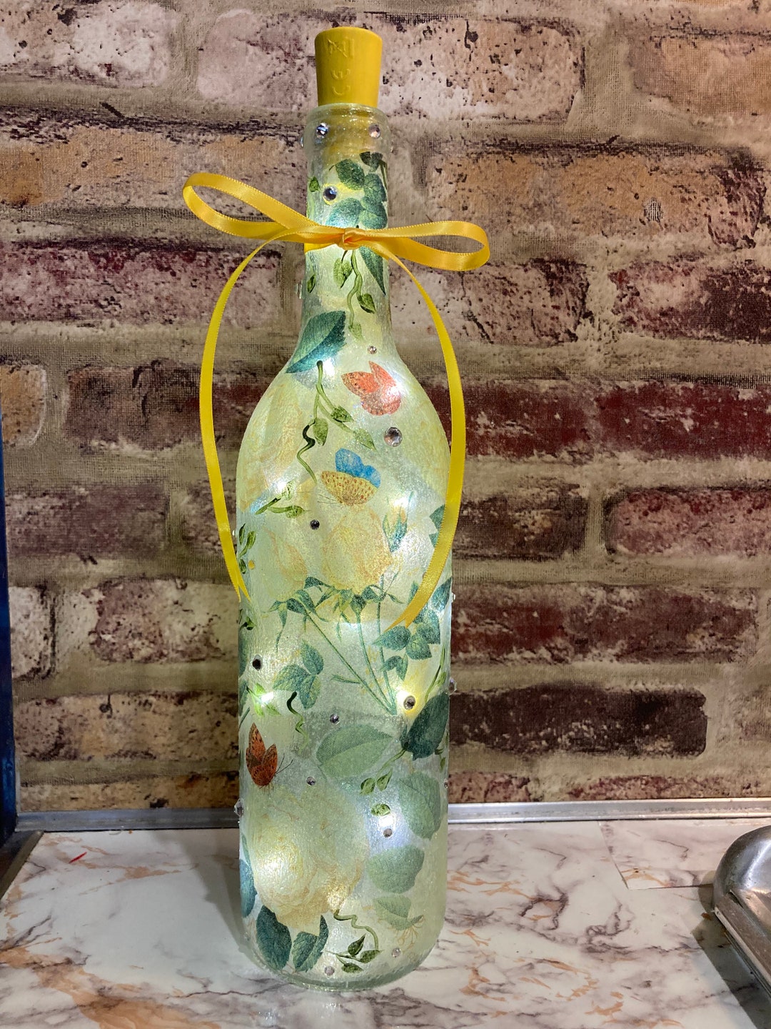 Lighted Home Decor, Lighted Yellow Rose Wine Bottle With Butterflies