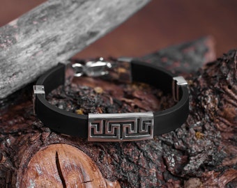 Sterling Silver With Rubber Bracelet • Black And Silver Bracelet • Gift For Him • Boyfriend Gift • B002