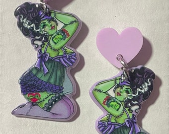 Monster Bride Pinup Earrings, Pinup, Heart, Stainless Steel, Cute, Horror, Gift, Goth, Bride of Frankenstein