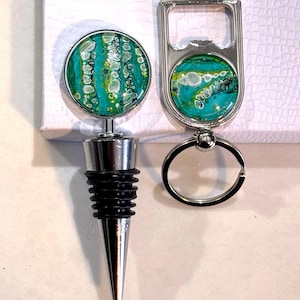 Hand painted one of a kind Bottle stopper and bottle opener set