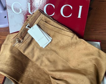 Auth BNWT Gucci Horsebit-Detail Cropped Suede Trousers – Camel Brown