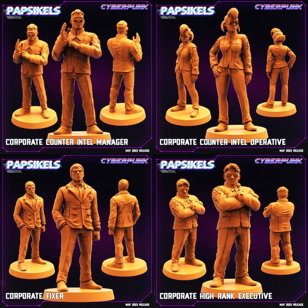 Corporate Crew Set | Sci Fi Miniature by Papsikels | Cyberpunk Corpo Exec | 32mm Scale Cyberpunk Figurine | May 2023