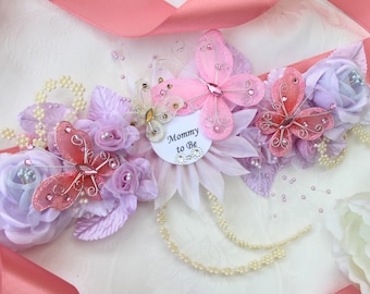 Butterfly Baby Shower Maternity Sash and Dad to be Pin, Lilac and pink baby shower, A Butterfly is on the Way Baby Shower, Light purple