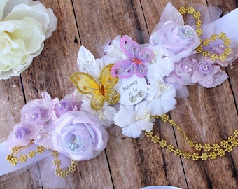 Butterfly Baby Shower Maternity Sash and Dad to be Pin, Lilac and Gold, A Butterfly is on the Way Baby Shower, Light purple & white
