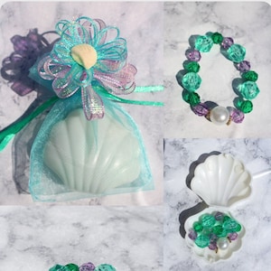 12 Mermaid Party Favors, Mermaid Treasure Favors, Birthday Favors || Organza Baggie, Shell, and Bracelet Included, Personalization Optional
