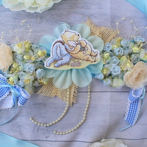 Winnie the Pooh Maternity Sash and Pin Set, Winnie the Pooh Baby Shower, Classic Winnie the Pooh, Belly Sash, Blue and Yellow Baby Shower
