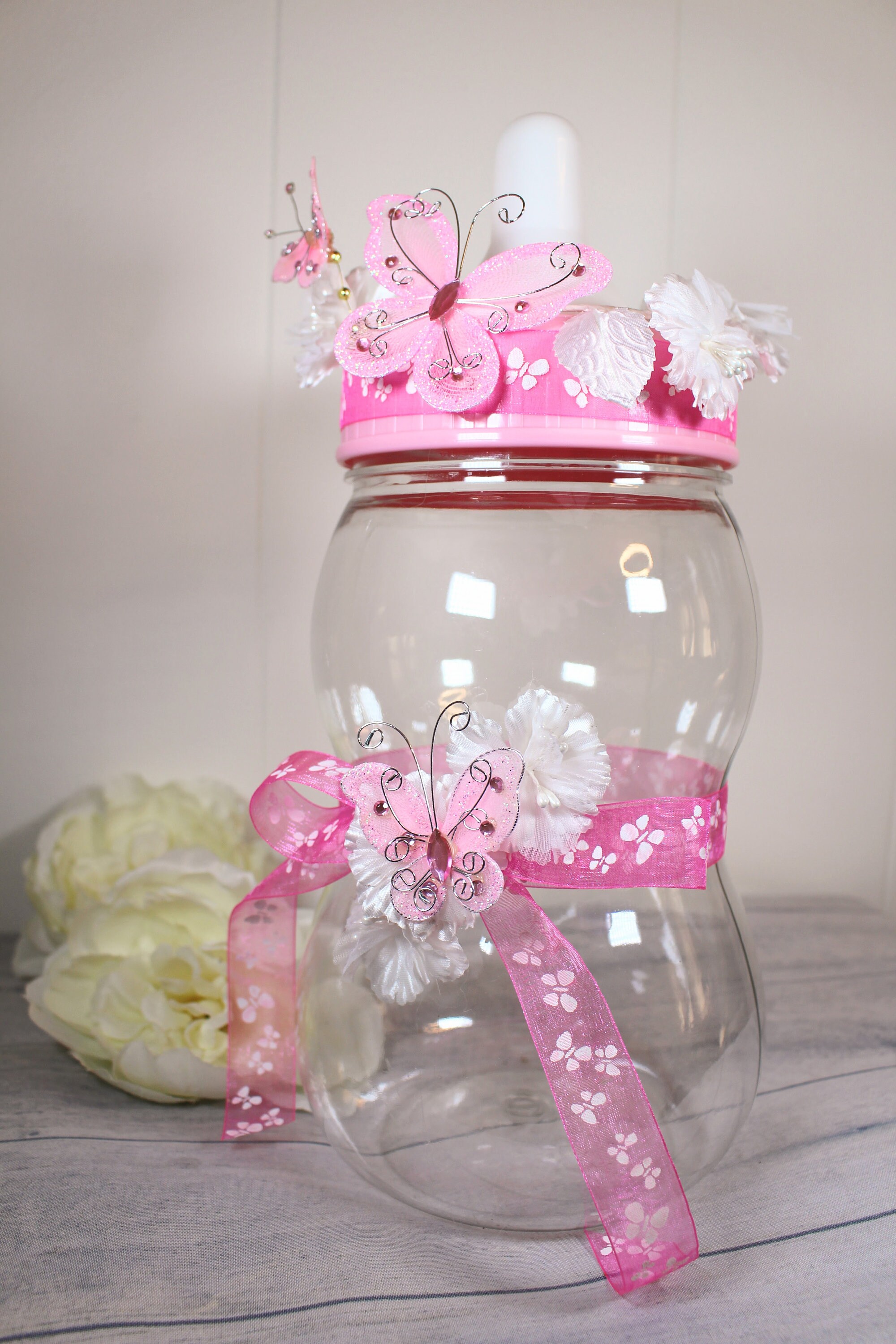 Jumbo Fillable Butterfly Baby Bottle Pink Baby Shower Decor Butterfly Baby Shower Piggy Bank Baby Shower Centerpiece