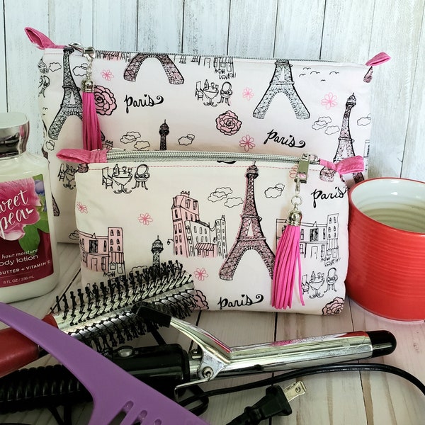 Paris Theme Travel Bag, Makeup Bag, Zip Bag, Zip Pouch, Stand Zip Bag, Stand Zip Pouch, Purse, Wristlet