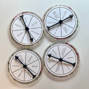 Könnte beinhalten: Vier transparente Untersetzer mit einem weißen Raddesign und schwarzen Pfeilen. Jedes Rad ist in Abschnitte mit Text wie "Romance", "Mystery" und "Sci-fi" unterteilt. Die Untersetzer liegen auf einer weißen Oberfläche.