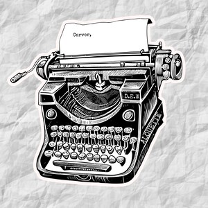 May include: Black and white illustration of a vintage typewriter with the text "Carver" on a sheet of paper in the carriage. The typewriter is labeled "ALOUETTE" and "D.E.W."