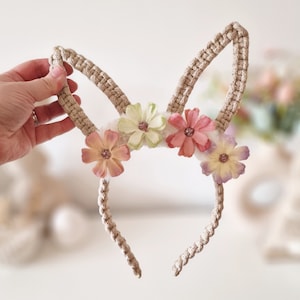 Handmade Macrame bunny ears headband | Floral crown | Faux Fur | Boho | Easter fancy dress up | adults & kids
