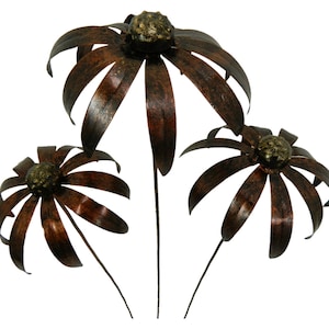 Set of 3 Metal Flowers Garden Ornament - Echinacea/Daisy on 100cm Stick - Bronze