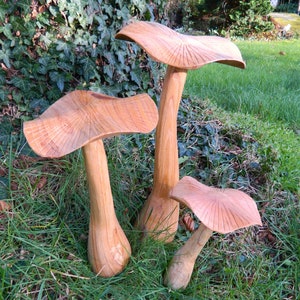 Set of 3 Natural Wooden Mushroom Garden Ornament - Flat Top Toadstool