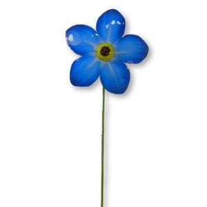 May include: A blue metal flower with a yellow centre on a green stem. The flower has five petals and is about 15 cm tall.