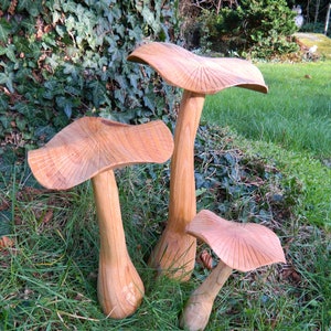 Set of 3 Natural Wooden Mushroom Garden Ornament - Flat Top Mushroom