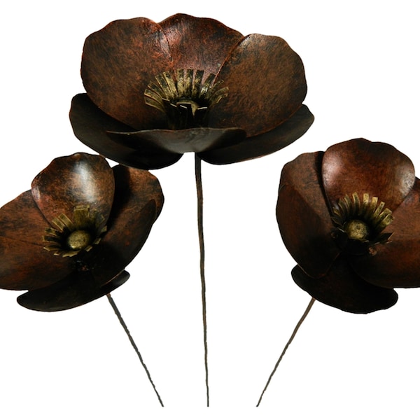 Set of 3 Metal Flowers Garden Ornament - Poppy on 100cm Stick - Bronze