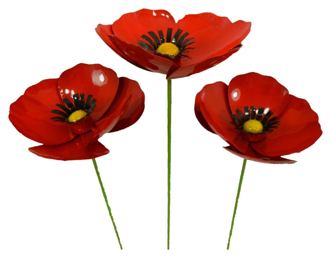 Set of 3 Metal Flower Garden Ornament Poppy on 100cm Stick Etsy