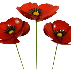 Set of 3 Metal Flowers Garden Ornament - Poppy on 100cm Stick - Red