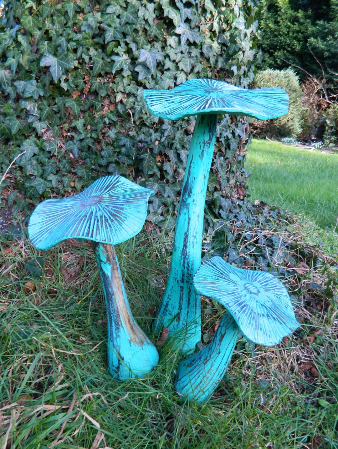 Set of 3 Green Wooden Mushroom Garden Ornament Flat Top Mushroom Etsy UK