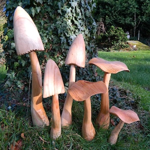 Set of 6 Natural Wooden Mushroom Garden Ornament - Large Closed Cup & Flat Top Toadstool