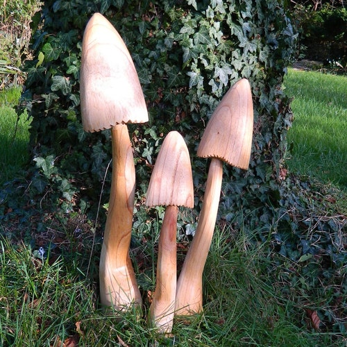 Set of 3 Natural Wooden Mushroom Garden Ornament Flat Top Etsy