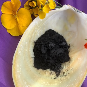 May include: A white seashell containing a pile of black powder. The shell is resting on a purple surface with yellow and orange flowers.