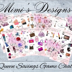 May include: A set of printable cards with pink and white backgrounds featuring images of various items, such as jewelry, clothing, makeup, and handbags. The cards have prices listed on them and the text "Yes Queen Savings Game Challenges".