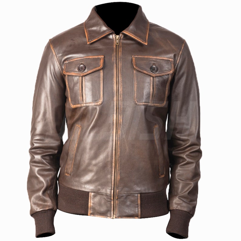 Men Brown Sheepskin Vintage Motorcycle Biker Distressed Leather Slim fit Jacket
