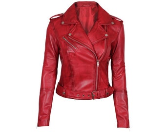 female red leather jacket