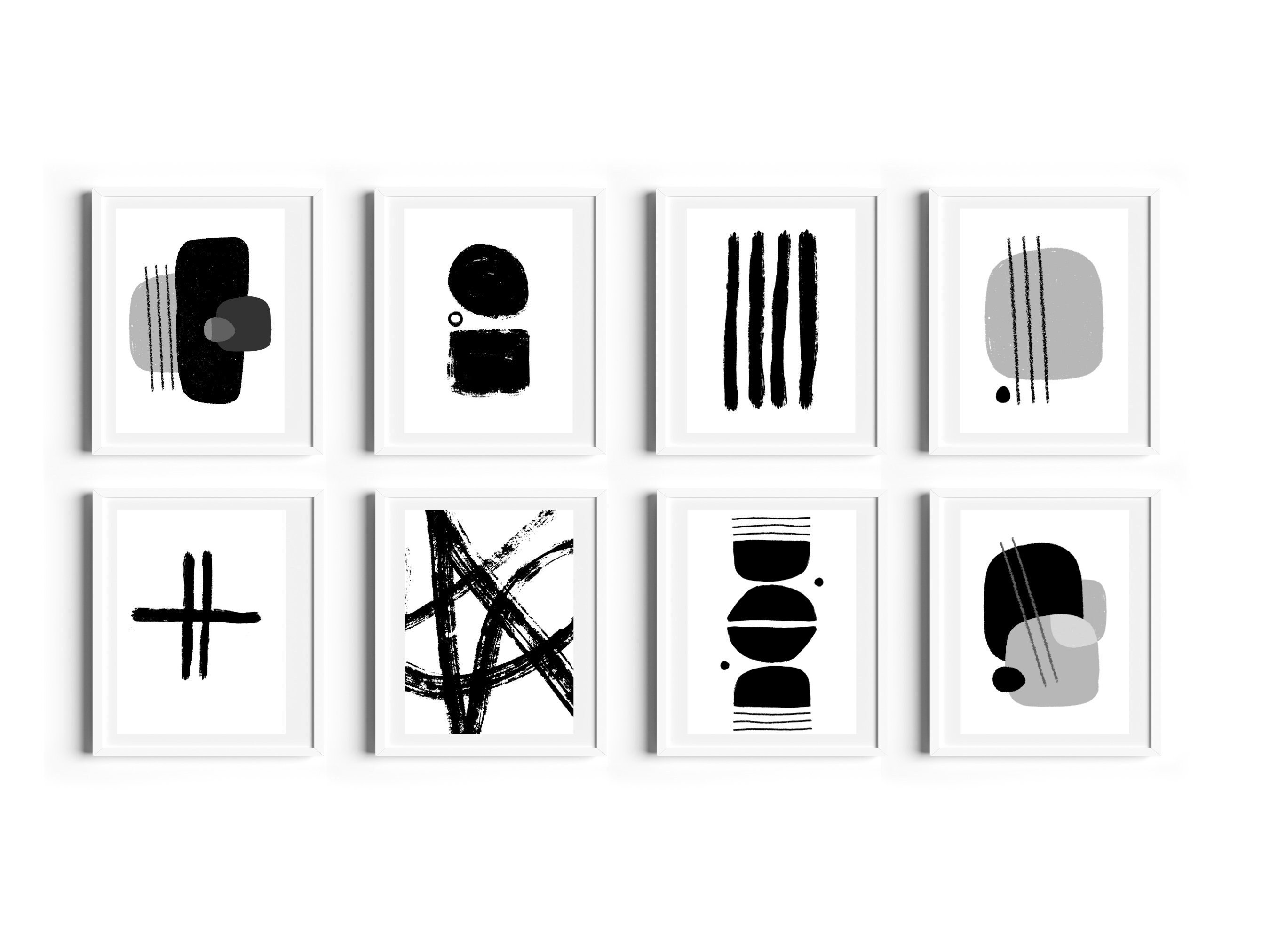 Set of 8 Printable Wall Art Digital Download, Black and White Printable