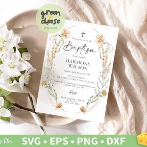 Plantilla de invitación de bautismo moderna con flores silvestres, invitación de bautizo, tarjeta de invitación para bebé imprimible - Descarga de plantilla editable