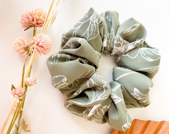 Floral Sage Oversized Scrunchie, Olive Green Regular Scrunchie, Chiffon White Floral Scrunchies, Dainty Floral Hunter Green Mini Scrunchie