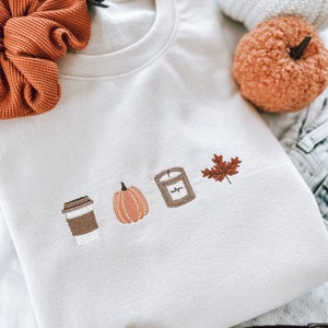 Just Fall Things Embroidered Crewneck | Cute Fall Sweatshirt, Coffee Pumpkin Candles Leaves Autumn Comfy Cozy Minimal Pumpkin Spice