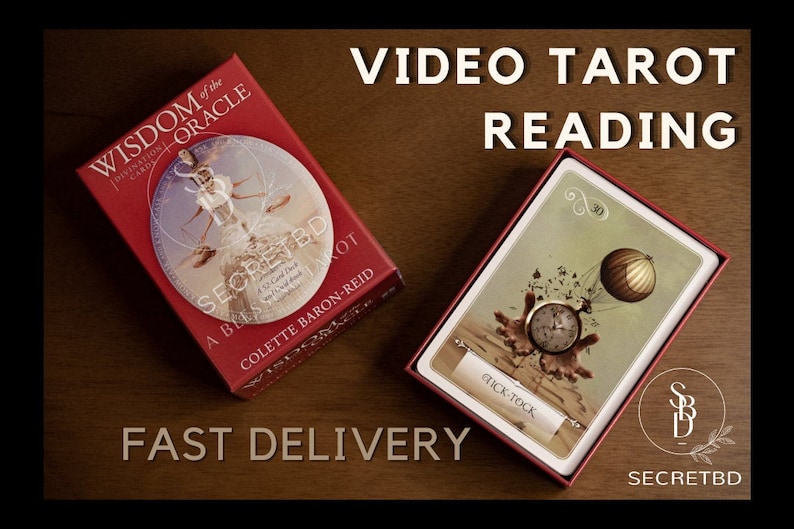 May include: A red box with the text "Wisdom of the Oracle Invitation Cards" and "Secretbd A Blessing Tarot Colette Baron-Reid" on the front. The box is open and shows a card with a clock and a hot air balloon. The text "Tick-Tock" is on the card. The text "Video Tarot Reading" is in large white letters at the top of the image. The text "Fast Delivery" is in large white letters at the bottom of the image.
