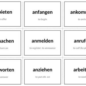 Duitse afdrukbare flashcards - 200 meest voorkomende werkwoorden