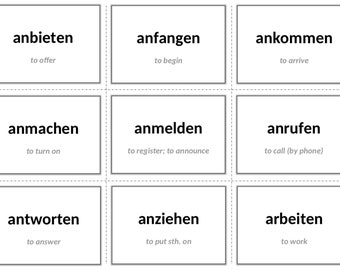Duitse afdrukbare flashcards - 200 meest voorkomende werkwoorden