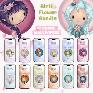 Birth Flower Floral Wallpaper for Mobile Digital Bundle – 12 Months Phone Backgrounds – Cute Chibi Illustration Set – Digital Download Gift