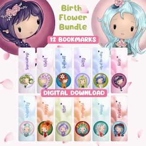 Birth Flower Bookmark Bundle Printable | All 12 Months Floral Bookmarks | Cute Chibi Aesthetic | Book Lover Gift | Digital Download Set