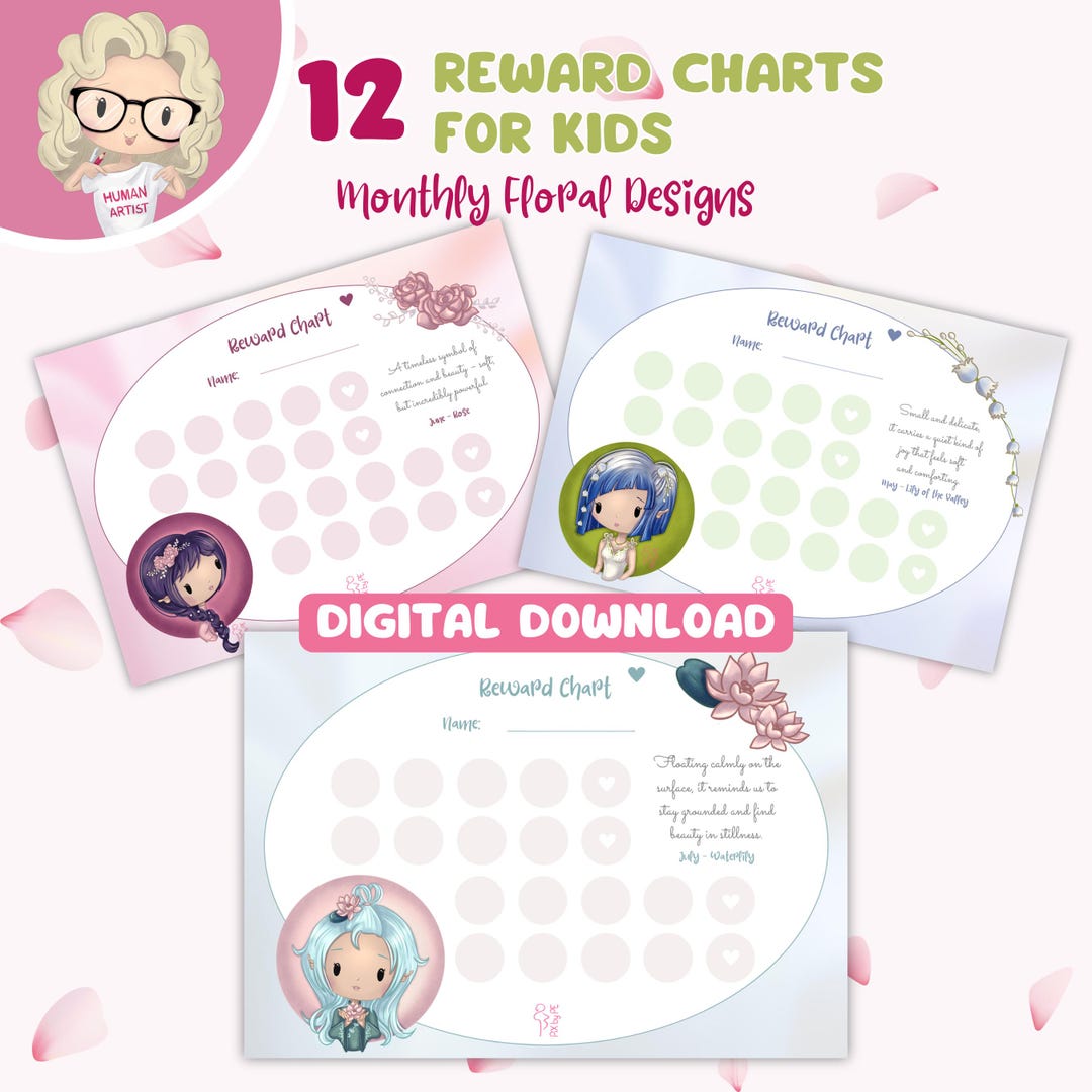 Daily Routine Chibi Reward Chart Printable for Girls | 12 Monthly Floral Designs | Chibi ...