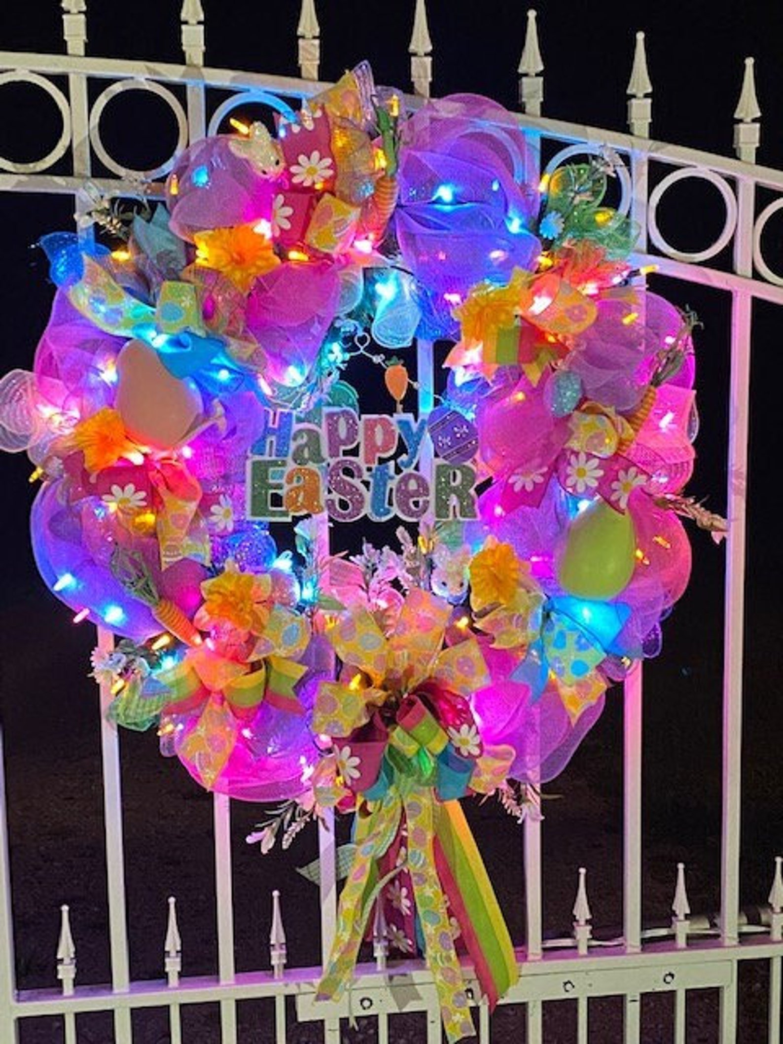 Lighted Happy Easter Deco Mesh Wreaths with Flowers and Eggs Lighted Happy Easter Deco Mesh Wreaths with Flowers and Eggs