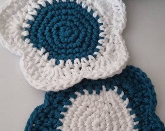Crochet Flower Coasters, Teal & White, Set of 2