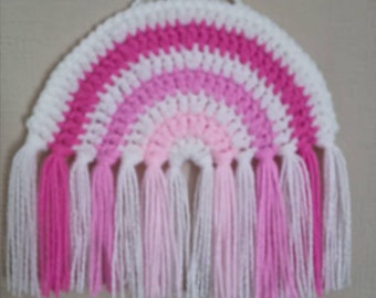 Crochet Rainbow Wall Hanging, Pink & White Nursery Decor