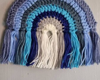 Crochet rainbow wall hanging nursery decoration blue grey