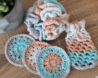 Crochet Cotton Spa Set, Shower Puff, Soap Saver, Face Scrubbies