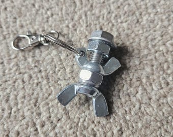 metal art nut and bolt man keyring upcycled bag charm key chain