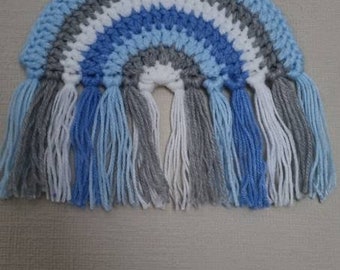 Crochet rainbow wall hanging nursery decoration baby blue grey