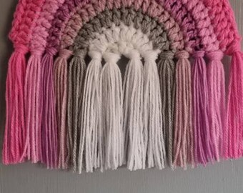 Handmade Crochet Rainbow Wall Hanging, Pink & Grey Nursery Decor