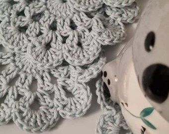 Cotton crochet mug rugs coasters duck egg blue