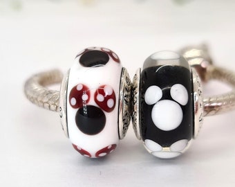 Nuevo juego de 2 charms de Minnie y Mickey Mouse con firma de Murano / Charm de Disney para pulsera Pandora / Plata de ley s925 / Bolsa de regalo de terciopelo