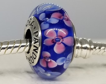 New Authentic Pandora Silver Charm Blue Flower Glass Murano / New / s925 Sterling Silver / Velvet Gift Pouch